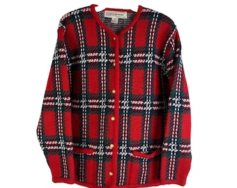 90s Womens Large Tartan Plaid Knit Cardigan Sweater Coat Preppy, Womens Knit Cardigan Sweater, Vintage Tartan Plaid Sweater, Sweater Coat