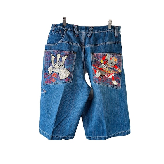 Y2K Mens 34 Embroidered Baggy Denim Blue Jeans Skater Hip Hop Mens Baggy Jean Shorts Y2K Denim Shorts Hip Hop Shorts Etsy Australia