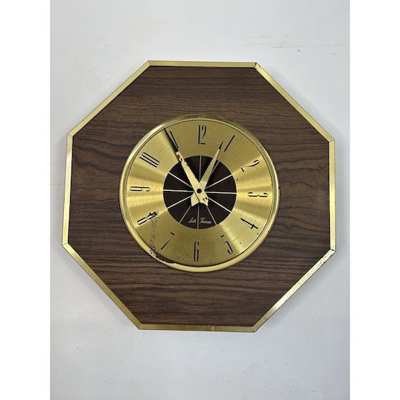 1970s Seth Thomas Hexagon Brass Trim Hanging Wall Clock, Seth
