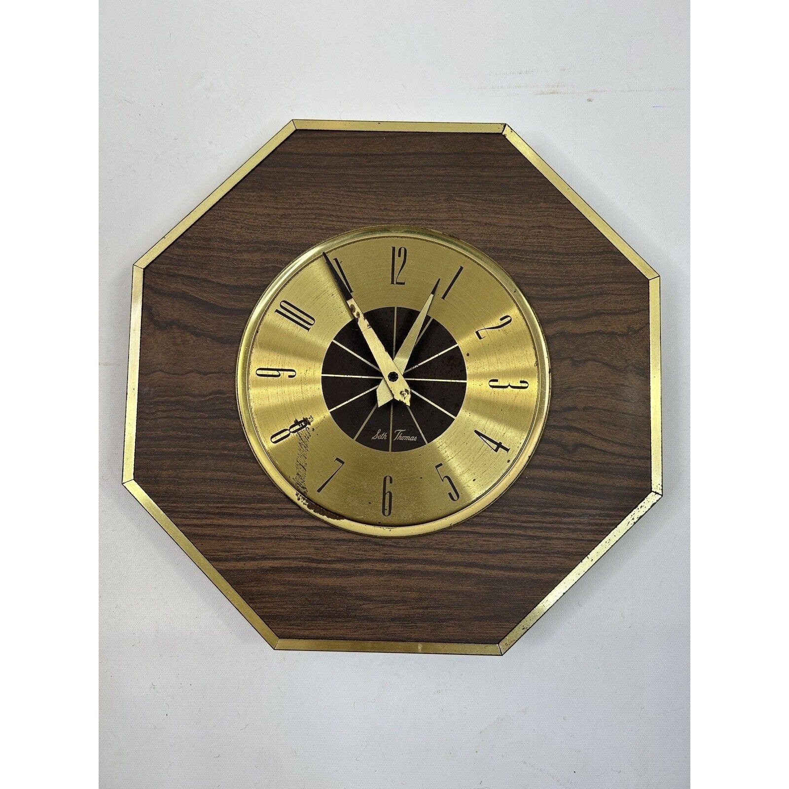50s Wood＆Brass clock 1970s Seth Thomas Hexagon Brass Trim Hanging Wall Clock, Seth