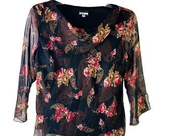Y2K Damen 14 Floral Paisley Schiere Ärmel Bluse Shirt Romantische Fee, Damen Blumenbluse, Vintage Sheer Bluse, Fee Bluse, Y2K Bluse