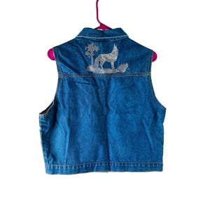 90s Womens Large Nature Wolves Stitched Denim Jean Vest Trucker Jacket, Womens Jean Jacket, Vintage Trucker Jacket, Vintage Nature Jacket