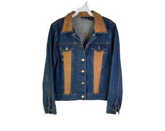 90s Womens Medium Floral Color Block Denim Jean Trucker Jacket Western, Womens Jean Jacket, Vintage Trucker Jacket, Western JAcket