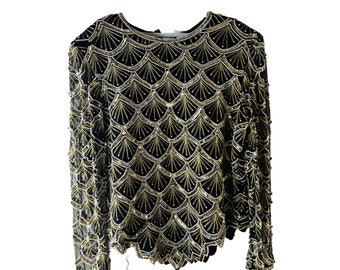 Camicia da cocktail da festa decorata con perline di seta da donna anni '80 2XL Oro, camicetta da donna con perline, giacca bolero vintage, top da festa con perline di seta