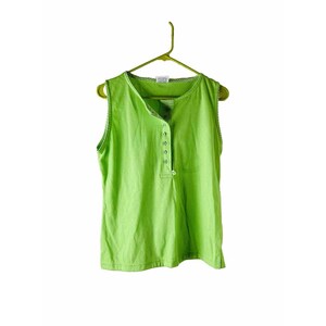 May include: A sleeveless lime green tank top with a button-up front and a white stripe around the neckline.