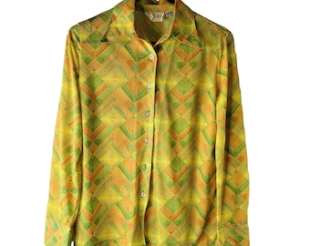 70s Womens Medium Diamond Print Trippy Pointed Collar Button Shirt Disco, Womens Pointed Collar Button Shirt, 1970s Disco Shirt,
