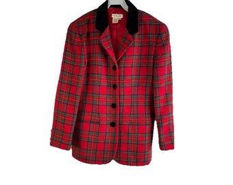 90s Womens 8 Wool Mohair Plaid Velour Collar Blazer Jacket USA Preppy, Womens Plaid Blazer, Vintage Mohair Blazer, Preppy Blazer