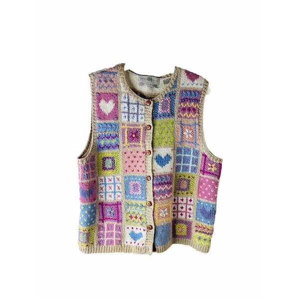 90s Womens Small Hand Knit Hearts Granny Square Cardigan Sweater Vest, Womens Hand Knit Sweater, Vintage Granny Square Sweater, Sweater Vest