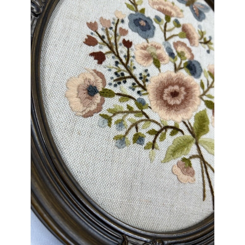 70s Handmade Country Floral Butterfly Crewel Yarn Art Wall Plaques Pair