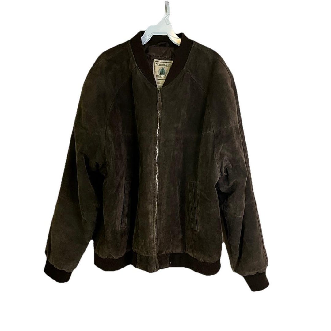 90s Mens XL Suede Leather Zip Bomber Jacket Preppy Grunge, Vintage