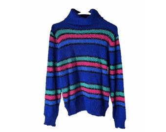 80s Womens Large Rainbow Stripe Turtleneck Sweater Streetwear, Womens Knit Sweater, Vintage Rainbow Stripe Sweater, Streetwear Sweater