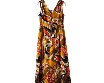 60s Womens 12 Barkcloth Hawaiian Long Gown Dress USA Trippy Disco, Vintage Barkcloth Dress, 1960s Hawaiian Dress, Womens Disco Dress