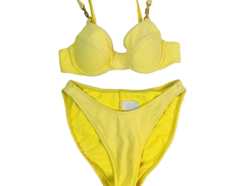 Bikini amarillo de los años 80 para mujer, top push-up y braguita de corte alto, conjunto de 2 piezas. Bikini de los años 80 para mujer, bikini de corte alto, bikini amarillo.
