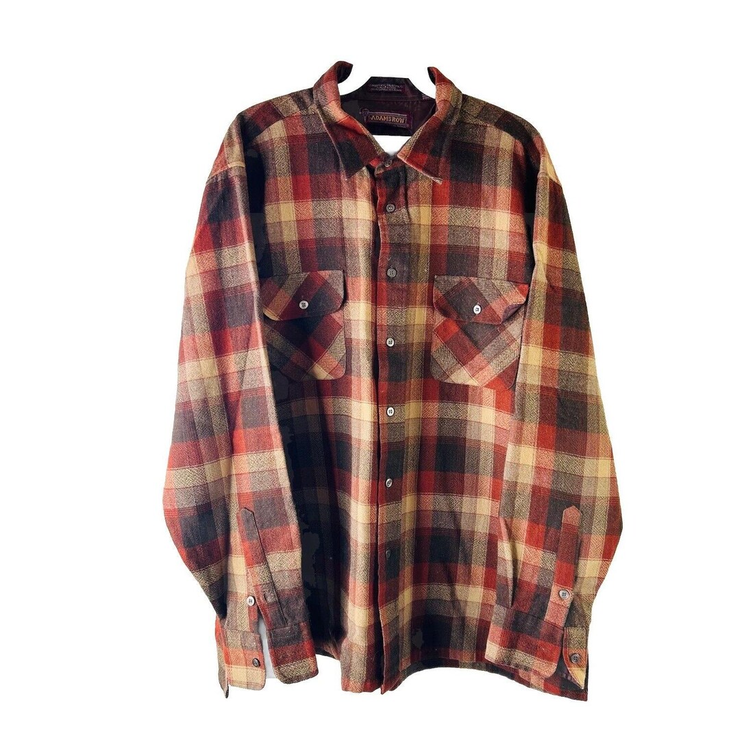 70s Mens Large Wool Plaid Flannel Double Pocket Shirt