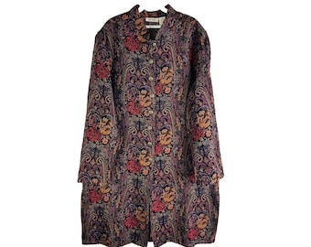 90s Womens Medium Tall Rainbow floral Tapestry Trench Over Coat Grunge, Womens Floral Jacket, Vintage Tapestry Jacket, Tapestry Trench Coat