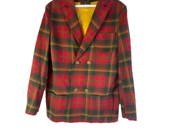 70s Maple Leaf Tartan Plaid Virgin Wool Double Breast Blazer Jacket Small, Womens Plaid Blazer, Vintage Maple Leaf Tartan Plaid Blazer,
