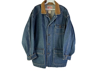 Vintage Denim Chore Coat, Leather Collar, Mens Large