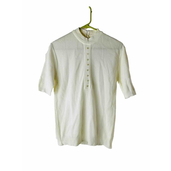 70s Womens Large Button Henley Blouse Shirt White… - image 1