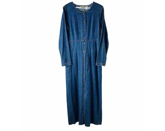 ll bean denim dress Vintage Ll Bean Denim Dress House Dress Blue Button 90s Long Sleeve Cotton  Midi