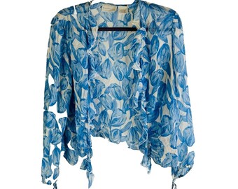 Y2K Dam 14 Siden Blommig Volang Ruffled Lätt Jacka Topp Fairy, Dam Blommig Blus, Vintage Böljande Sidenblus, Fairy Topp