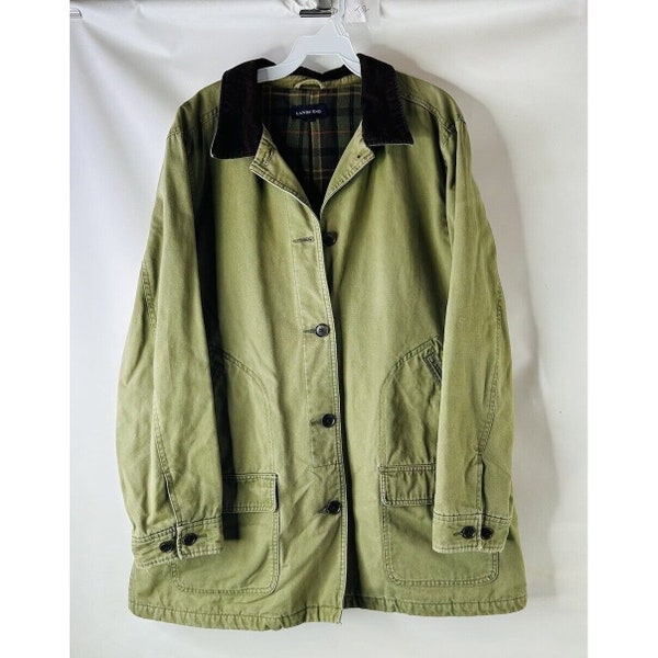 90s Womens XL Green Canvas Corduroy Collar Cuffs Barn Chore Coat, Womens Canvas Jacket, Vintage Chore Coat, 90s Womens Jacket