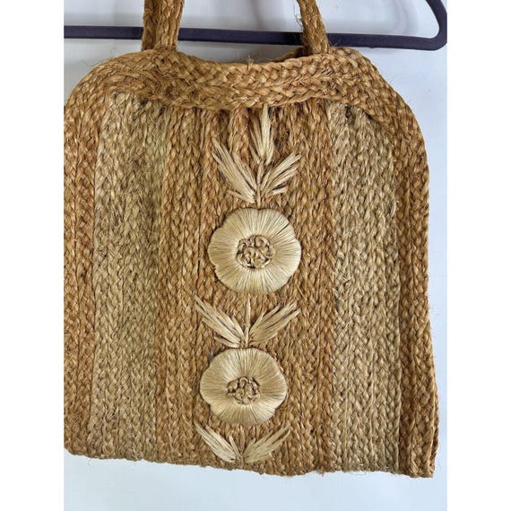70s Raffia Straw Floral Tote Beach Bag Purse Boho, Vi… - Gem
