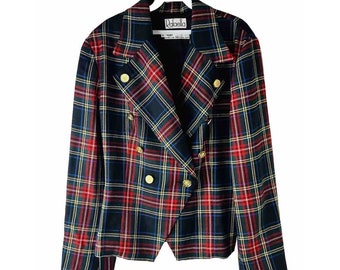 90er Jahre Damen 12 Preppy Tartan Karierter Goldknopf Doppelbrust Blazer Jacke, Damen Karierter Blazer, Vintage Wollblazer