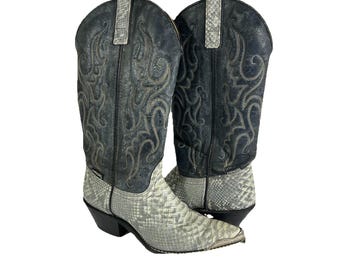 Jaren 90 dames 7,5 tweekleurige leren westerncowboylaarzen met kleurblok VS, vintage westernlaarzen, tweekleurige cowboylaarzen,