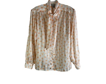 80s Womens Medium Satin Pussybow Balloon Sleeve Button Shirt Blouse Money, Vintage Pussybow Blouse, Womens Balloon Sleeve Shirt
