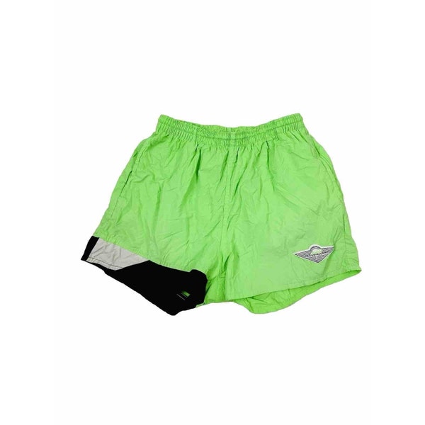 80s Mens Medium Neon Color Block Above The Knee Shorts Green USA, Vintage Running Shorts, Mens Above the Knee Shorts, Dad Shorts