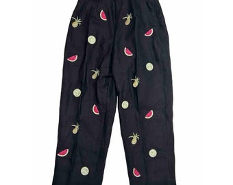 Pantalones capri cortos de lino irlandés con estampado de frutas, estilo rockabilly de los 90, talla 4, para mujer. Pantalones de lino para mujer. Pantalones estilo pin-up. Pantalones originales.