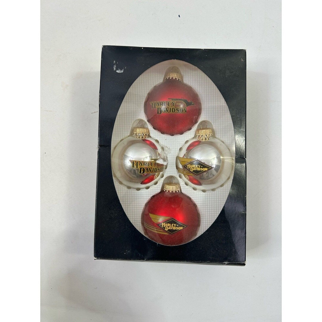 Y2K Harley Davidson Glass Christmas Ornaments Bulbs Red White 4 PC