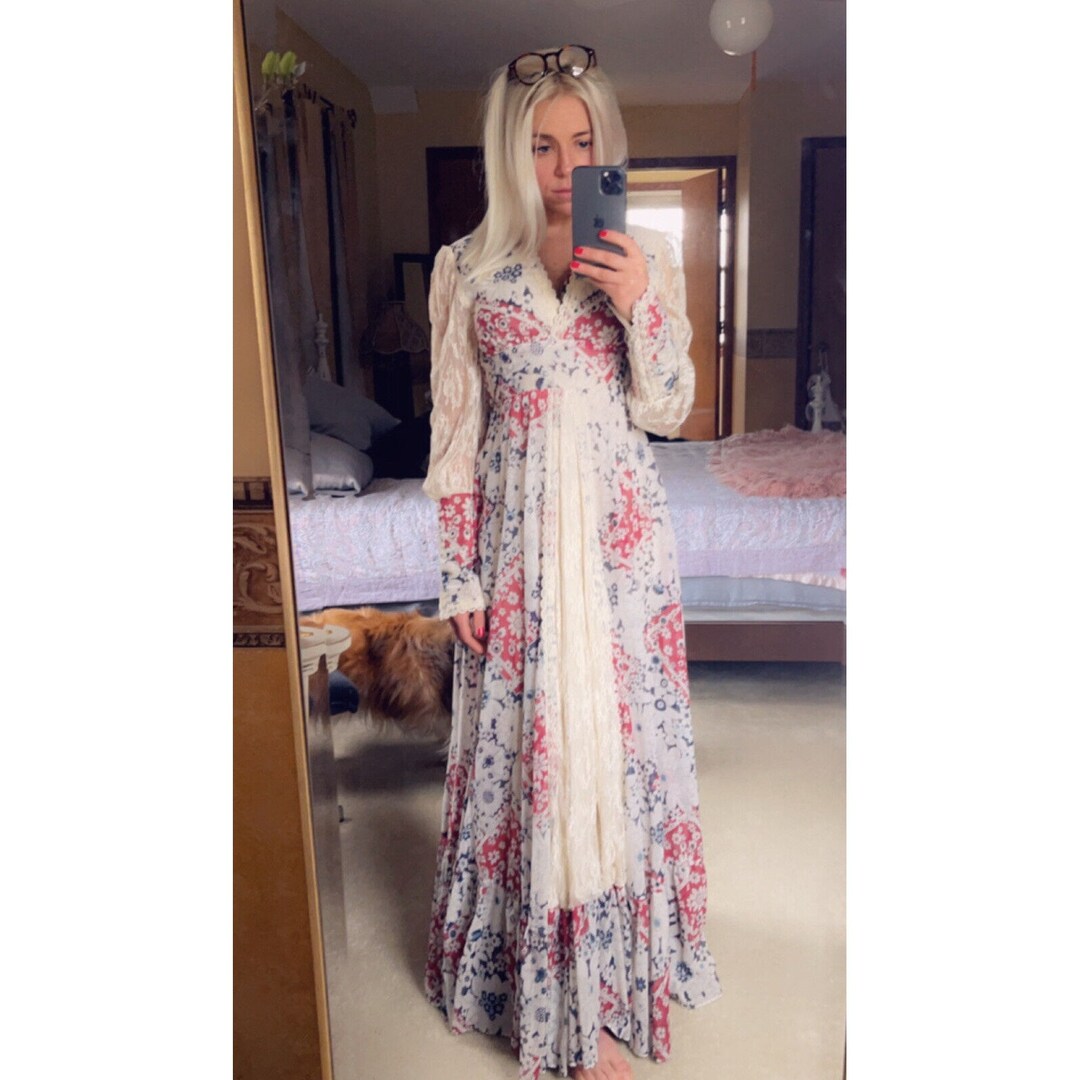 70s Gunne Sax Jessica Mcclintok Womens 2 Floral Lace Boho Maxi Dress ...