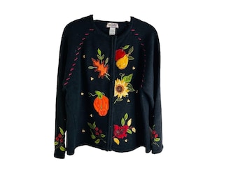 90s Womens XL Fall Leaves Pumpkins Knit Embellished Cardigan Sweater, Womens Knit Sweater, Vintage Embellished Sweater, Fall Leaves Sweater