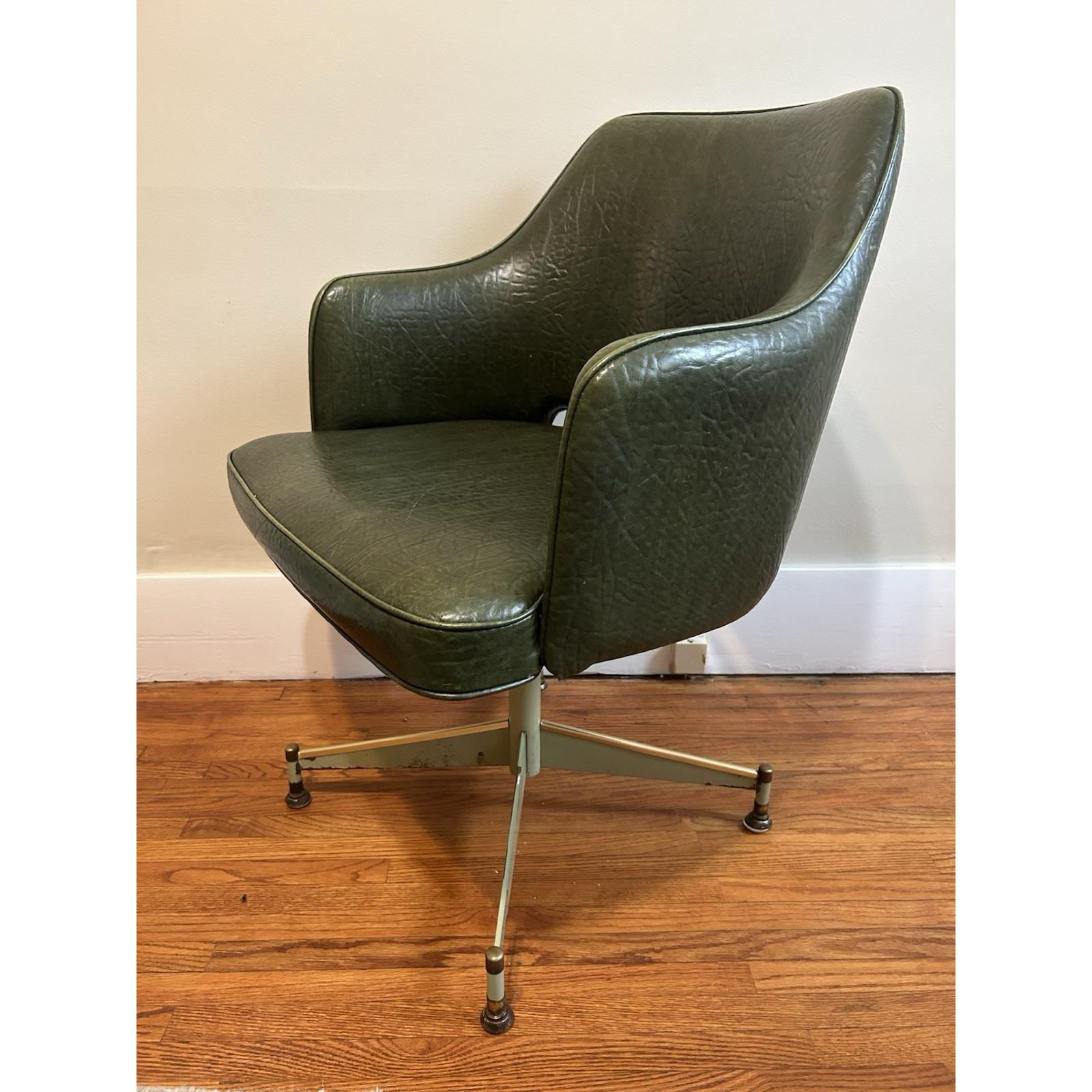 70s MCM Avocado Green Swivel Faux Leather Office Dining Chair Gold