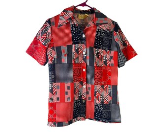 May include: A short-sleeved button-up shirt with a patchwork design. The shirt is made of red, blue, and white fabric and features a variety of geometric patterns.