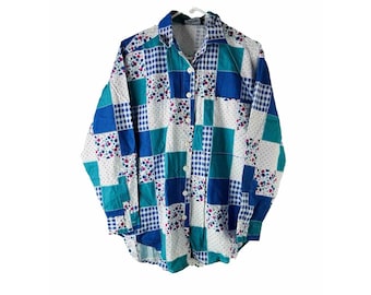 90s feminino médio país floral retalhos botão frente camisa, vintage retalhos botão camisa, blusa floral feminina, camisa streetwear