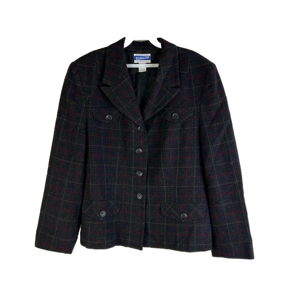 90s Pendleton Womens 16 Petite Virgin Wool Windowpane Plaid Blazer 90s Pendleton Womens 16 Petite Virgin Wool Windowpane Plaid Blazer