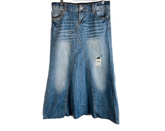 Y2K MUDD Juniors 9 Wyblakłe zniszczone surowe obszycie Długa spódnica dżinsowa do kostki, Spódnica Vintage MUDD, Damska długa spódnica dżinsowa, Spódnica dżinsowa