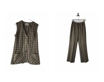 70s Womens 12 Houndstooth Plaid Knit Vest Wide Leg Pants Set Suit USA Disco, Womens Plaid Pant Suit, Vintage Wide Leg Pantsuit, Disco Outfit