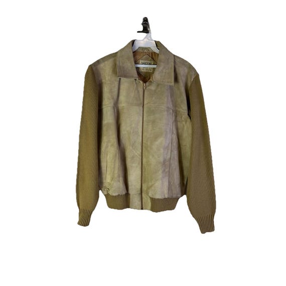 70s Rockabilly Suede Leather Knit Contrast Driving Bomber Jacket 