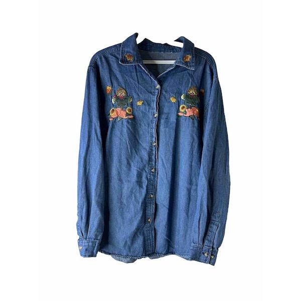 90s Womens XL Fall Pumpkins Scarecrows Stitched Denim Jean Button Shirt, Womens Denim Button Shirt, Vintage Halloween Shirt, Womens Blouse