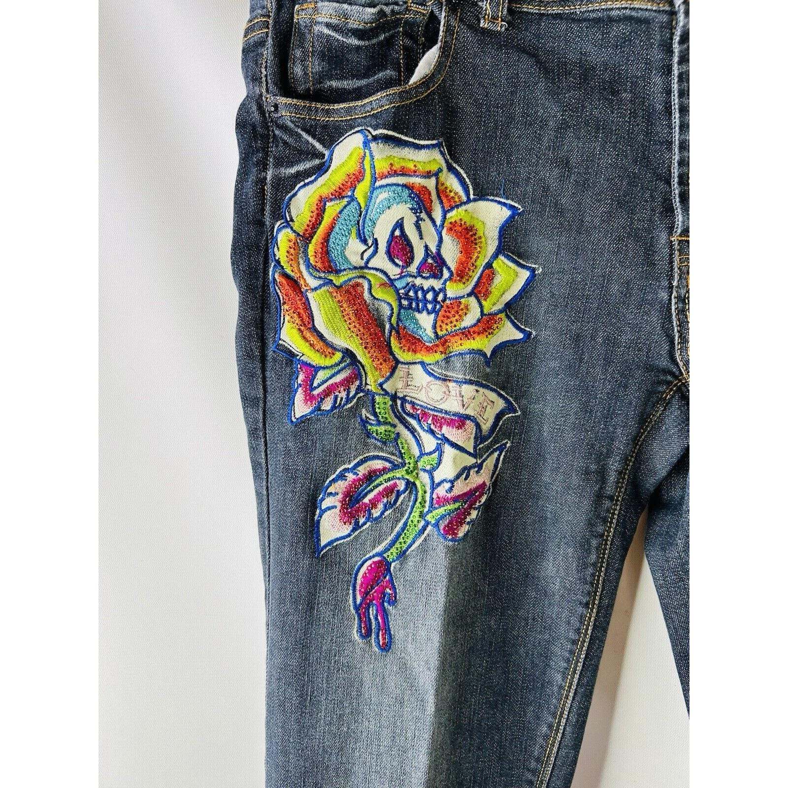 Y2K Ed Hardy Spell Out Skull Rose Embellished Cuffed Jeans Mens 32