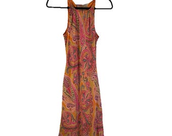 Abito sottoveste Y2K da donna in seta arcobaleno con motivo Paisley Fairy, color terra, abito sottoveste Y2K, abito in seta da donna, abito vintage Ann Taylor