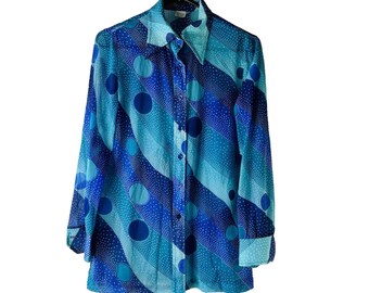 70s Womens Medium Color Block Pointed Collar Trippy Button Shirt Disco, Womens Pointed Collar Button Shirt, 1970s Disco Shirt