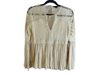 Y2K Womens Medium Sheer Lace Flare Bell Sleeve Peasant Top Fairy Angel, Womens Lace Blouse, Vintage Peasant Top, Flare Sleeve Blouse, Fairy
