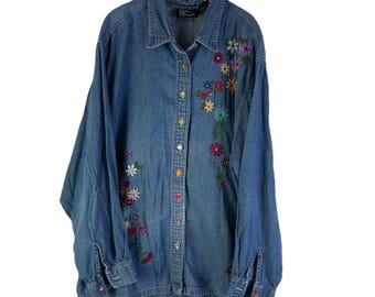 90s Streetwear Button Shirt Womens 2XL Rainbow Floral Denim Jean, Womens Denim Button Shirt, Vintage Jean Floral Button Shirt, Shirt