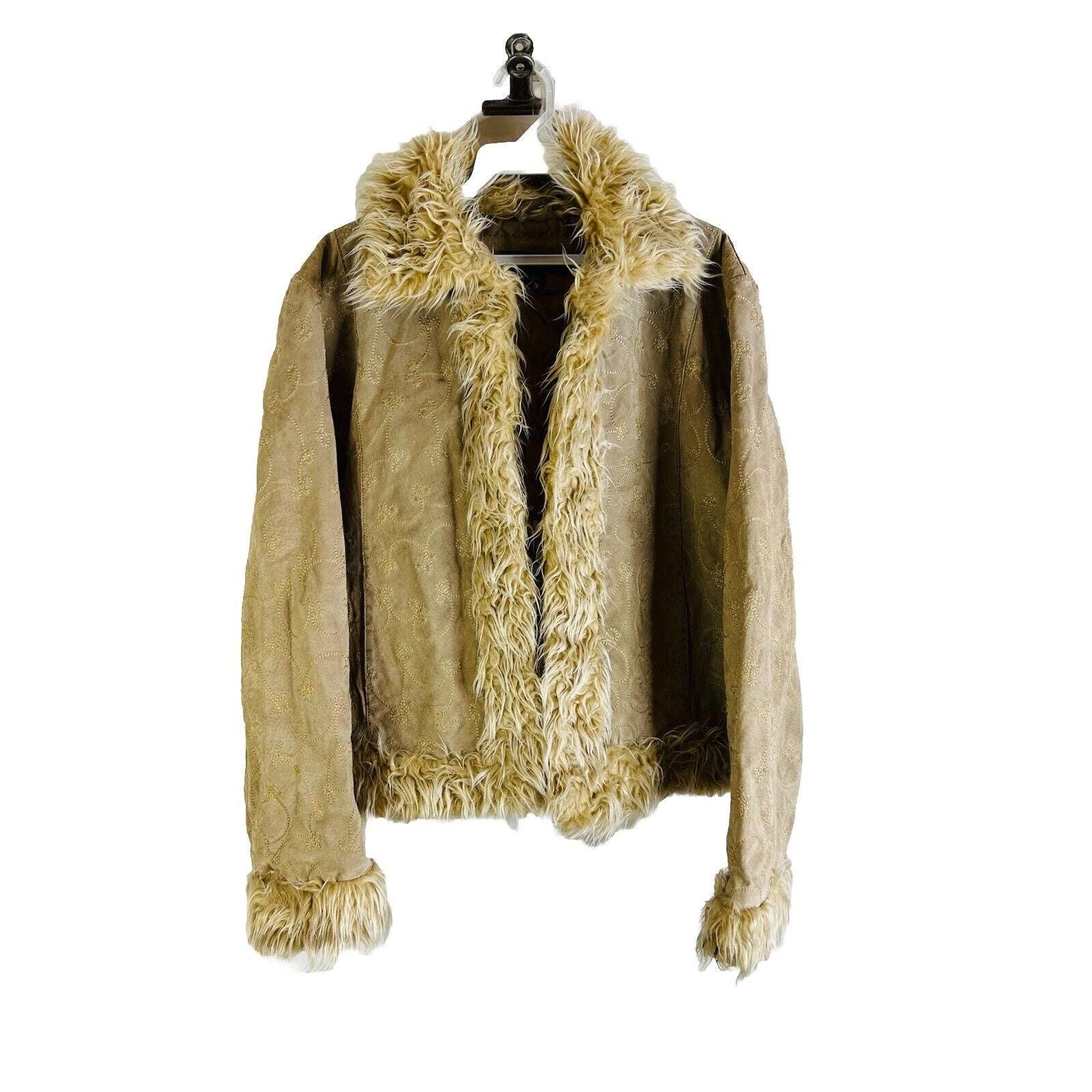 Y2K Womens Large Suede Leather Shag Fur Floral Embroidered Coat
