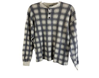90s Womens XL Waffle Knit Thermal Faded Plaid Henley Thermal Shirt USA, Womens Waffle Knit Shirt, Vintage Thermal Shirt, 90s Henley Shirt