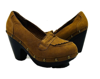 NOS Y2K Womens 8 Faux Suede Leather Studded Chunky Platform Oxford Shoes, Vintage Chunky Platform Shoes, Womens Oxford Shoes, Womens Shoes